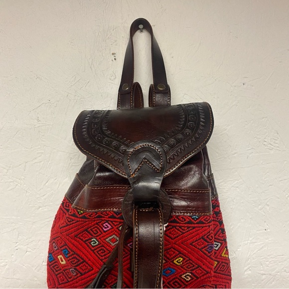 Art Leather Chiapas Backpack Mexican Woven Fabric Embroidered Bag Brown NWT - Picture 2 of 13